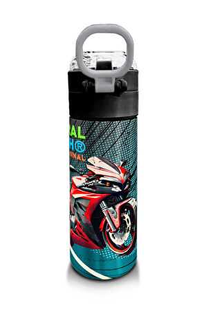 Coral High Kids Gri Nefti Anime Motorsiklet Desenli Pipetli ve Direkt İçim Çelik Termos 500 ml 31965