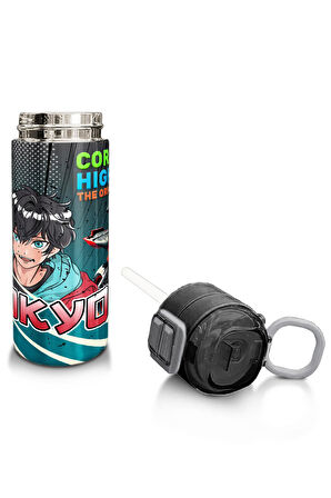 Coral High Kids Gri Nefti Anime Motorsiklet Desenli Pipetli ve Direkt İçim Çelik Termos 500 ml 31965