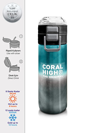 Coral High Kids Nefti Gri Renk Geçişli Desenli Pipetli ve Direkt İçim Çelik Termos 500 ml 31969