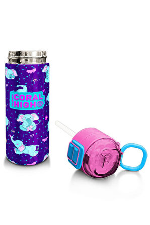 Coral High Kids Mor Pembe Fil Desenli Pipetli ve Direkt İçim Çelik Termos 500 ml 31970