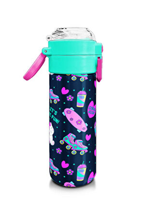Coral High Kids Lacivert Pembe Kedili Paten Desenli Pipetli ve Direkt İçim Çelik Termos 500 ml 31983