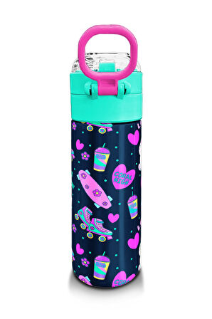 Coral High Kids Lacivert Pembe Kedili Paten Desenli Pipetli ve Direkt İçim Çelik Termos 500 ml 31983