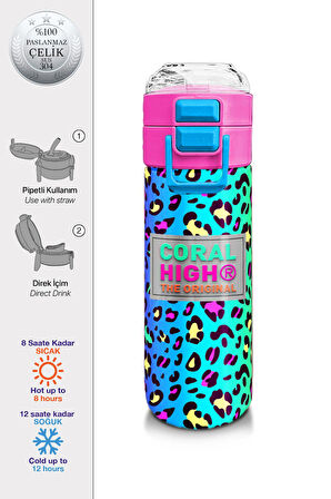 Coral High Kids Renkli Leopar Desenli Pipetli ve Direk İçimli Paslanmaz Çelik Termos 500 ML 31985