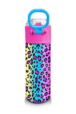 Coral High Kids Renkli Leopar Desenli Pipetli ve Direk İçimli Paslanmaz Çelik Termos 500 ML 31985