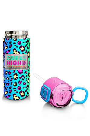 Coral High Kids Renkli Leopar Desenli Pipetli ve Direk İçimli Paslanmaz Çelik Termos 500 ML 31985