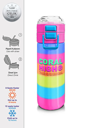 Coral High Kids Renkli Çizgili Pipetli ve Direk İçimli Paslanmaz Çelik Termos 500 ML 31986