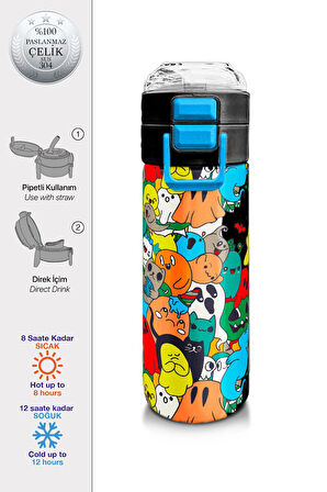 Coral High Kids Siyah Karikatür Çizgili Desenli Pipetli ve Direkt İçim Çelik Termos 500 ml 31990