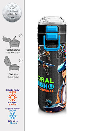 Coral High Kids Siyah Drone Pilot Desenli Pipetli ve Direkt İçim Çelik Termos 500 ml 31996