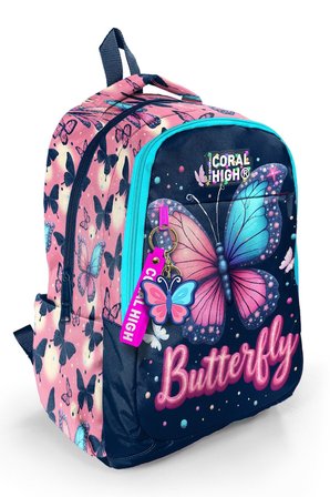 Coral High Kız Çocuk Lacivert Pembe Kelebek Desenli 3 Bölmeli İlkokul ve Ortaokul Çantası - 33249