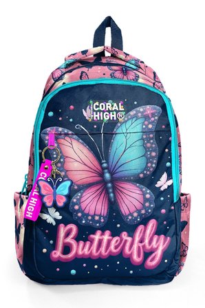 Coral High Kız Çocuk Lacivert Pembe Kelebek Desenli 3 Bölmeli İlkokul ve Ortaokul Çantası - 33249
