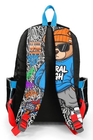 Coral High Erkek Çocuk Siyah Mavi Grafiti Ayıcık Baskılı 3 Bölmeli İlkokul ve Ortaokul Çantası - 33250