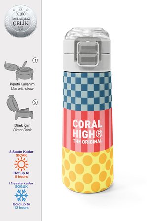 Coral High Kids Çok Renkli Dama Çizgi Puantiye Desenli Pipetli ve Direkt İçim Çelik Termos 500 ml 38104