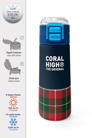 Coral High Kids Lacivert Ekose Fiyonk Desenli Pipetli ve Direkt İçim Çelik Termos 500 ml 38107