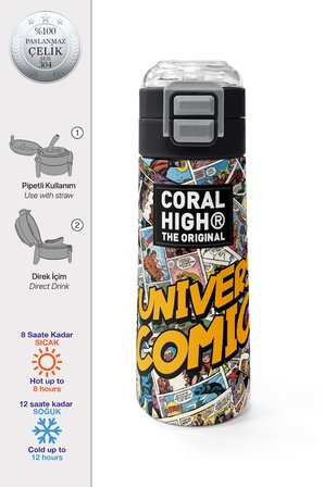 Coral High Kids Çizgi Roman Desenli Pipetli ve Direkt İçim Çelik Termos 500 ml 38115