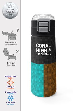 Coral High Kids High Craft Desenli Pipetli ve Direkt İçim Çelik Termos 500 ml 38116