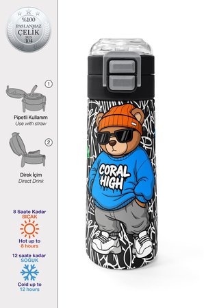 Coral High Kids Grafiti Ayıcık Desenli Pipetli ve Direkt İçim Çelik Termos 500 ml 38132