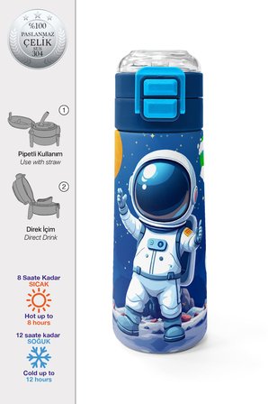Coral High Kids Lacivert Astronot Desenli Pipetli ve Direkt İçim Çelik Termos 500 ml 38134