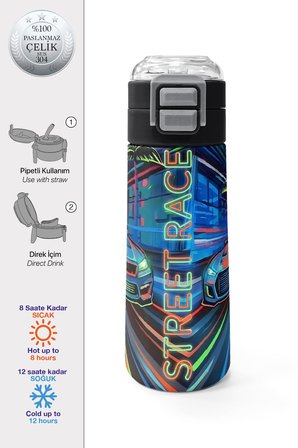 Coral High Kids Siyah Çok Renkli Yarış Arabası Desenli Pipetli ve Direkt İçim Çelik Termos 500 ml 38141