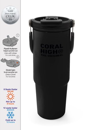 Coral High Siyah Pipetli ve Direkt İçim Çelik Termos 900 ml 38750