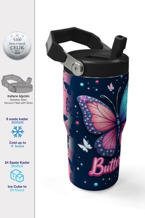 Coral High 600 ml Pipetli ve Kulplu Lacivert Pembe Kelebek Desenli Kız Çocuk Matara 38905
