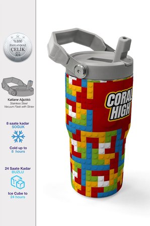 Coral High 600 ml Pipetli ve Kulplu Kırmızı Yapı Blokları Baskılı Erkek Çocuk Matara 38917