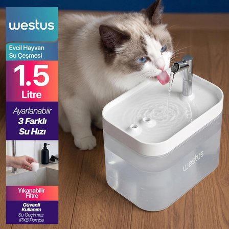 Westus İnpets H13 1.5l Otomatik Kedi Köpek Su Pınarı Çeşmesi Ultra Sessiz Su Sebili Şelalesi - Usb Girişli