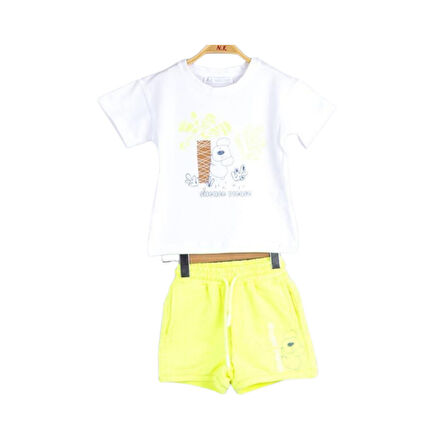 Kız Çocuk İkili Takım – Silence Please Baskılı Beyaz T-Shirt Sarı Şort