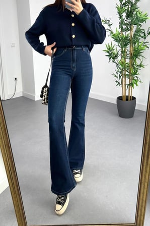 Ispanyol Lacivert Yüksek Bel Likralı Esnek Jeans Pantolon Kot New