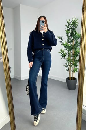 Ispanyol Lacivert Yüksek Bel Likralı Esnek Jeans Pantolon Kot New