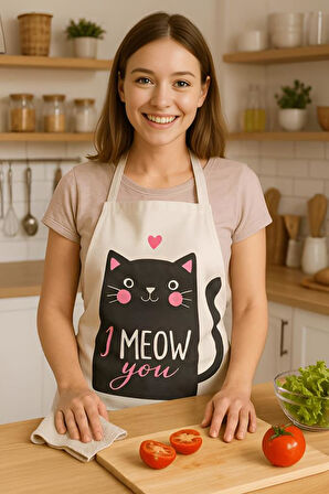 I Meow You Mutfak Önlüğü Kedi Desenli, Sıvı Geçirmez Sevimli Tasarım
