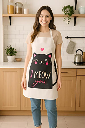 I Meow You Mutfak Önlüğü Kedi Desenli, Sıvı Geçirmez Sevimli Tasarım