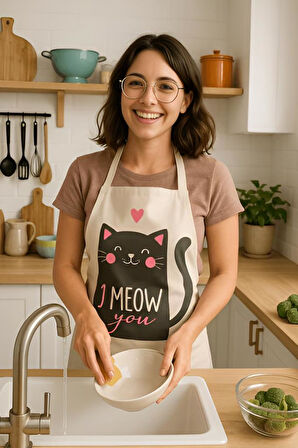 I Meow You Mutfak Önlüğü Kedi Desenli, Sıvı Geçirmez Sevimli Tasarım
