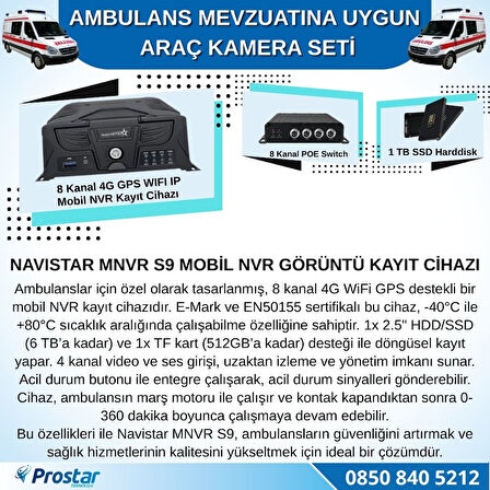 Ambulans Mevzuatına Uygun 2 Kameralı 8 Kanal Mobil NVR 1 TB 7 inç Monitörlü Tak Kullan Set