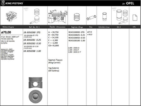 Opel Motor Piston+segmanı ( Riken )  79,00+0,50mm Cap Astra-H 1. Cdti 03/2004-02/2007 Combo 1.7 Cdti 12/2 - Kingpiston 18-3050283