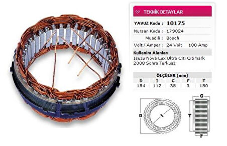 İsuzu Ticarı Alternator Stator Bosch Tip 24v 100a İsuzu Novolux Ultra Citi Citimark 2008 Sonrası Turkuaz Nursan 1 - Yavuz 10 175