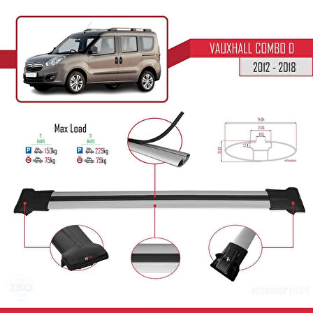 Vauxhall Combo D 2012-2018 Arası ile Uyumlu FLY Model Ara Atkı Tavan Barı Gri 2 Adet