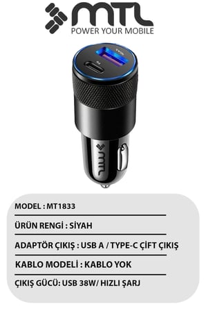 Araç Şarj Aleti Çakmaklık 38W Type-C + USB Çift Portlu - Qualcomm QC 4.0 Desteği MT-A1833