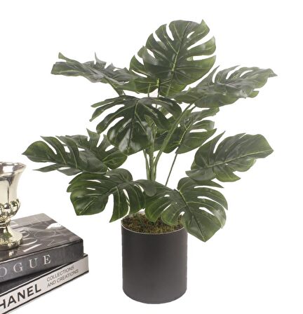 Yapay Çiçek Monstera Deve Tabanı Siyah Saksılı Salon Çiçeği 15 Yaprak