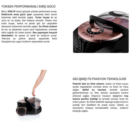 Arnica 2400Watt Yüksek Güçlü Motorlu Turbo Başlıklı Su Filtreli Süpürge, Hepa 13 Alerjik Filtreli
