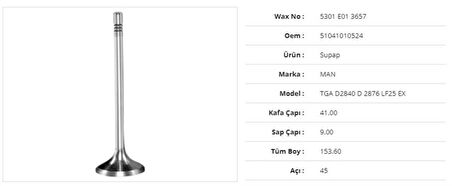 Man Truck Subap Egzoz Man Tga 18.480 D2876 41kx9sx153,6bx45a  (12adet) - Wax 5301 E01 3657