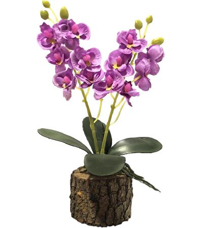 Yapay Çiçek Orkide Doğal Kütük Saksı da Hediyelik LİLA  25cm