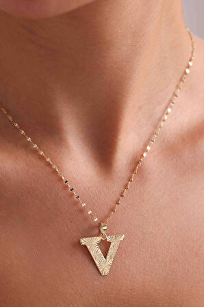 14 Ayar Altın V Harf Füzyon Kolye