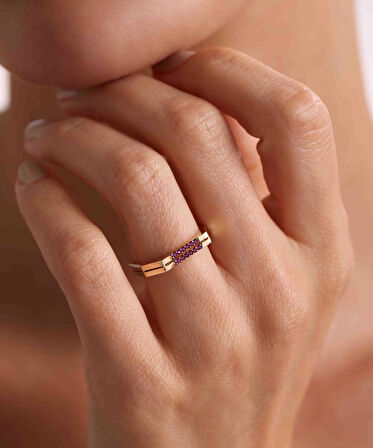 14 Ayar Altın Kırmızı Taşlı Çift Sıra Yüzük