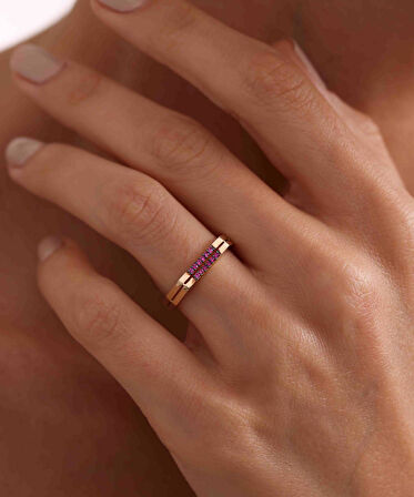 14 Ayar Altın Kırmızı Taşlı Çift Sıra Yüzük