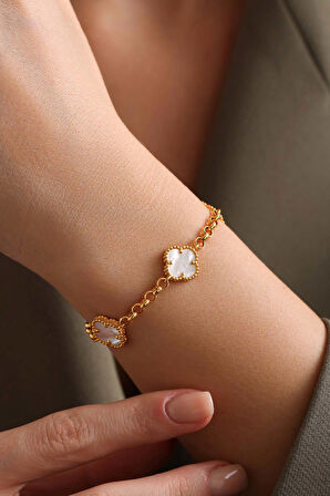 14 Ayar Altın Beyaz Doç Yonca Bileklik