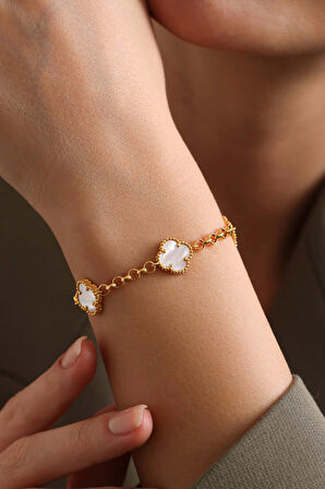 14 Ayar Altın Beyaz Doç Yonca Bileklik