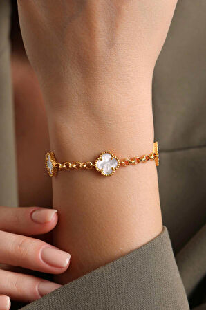 14 Ayar Altın Beyaz Doç Yonca Bileklik