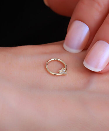 14 Ayar Altın Taşlı Kalp Halka Tragus Piercing