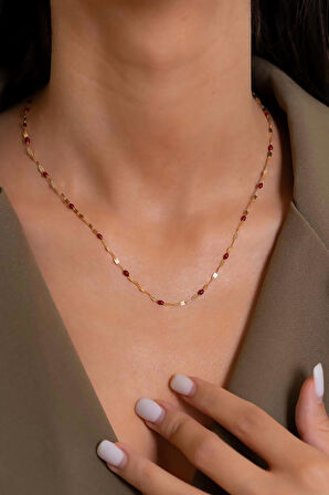 14 Ayar Altın Aynalı Kırmızı Mineli Kolye