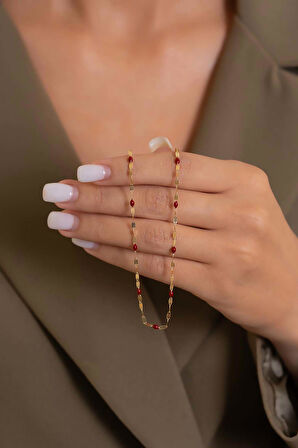 14 Ayar Altın Aynalı Kırmızı Mineli Kolye